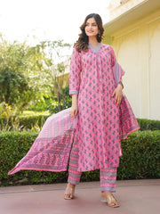 Women Pink Rayon Blend Ethnic Motifs Printed Straight Kurta Trouser With Dupatta-VKSKD2336