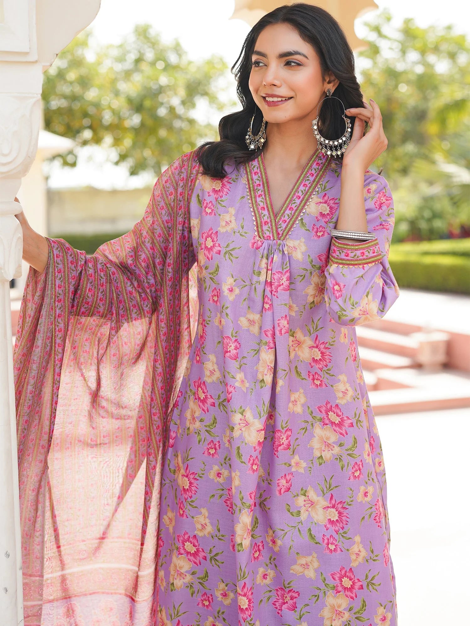 Women Purple Rayon Blend Floral Printed Straight Kurta Trousers With Dupatta