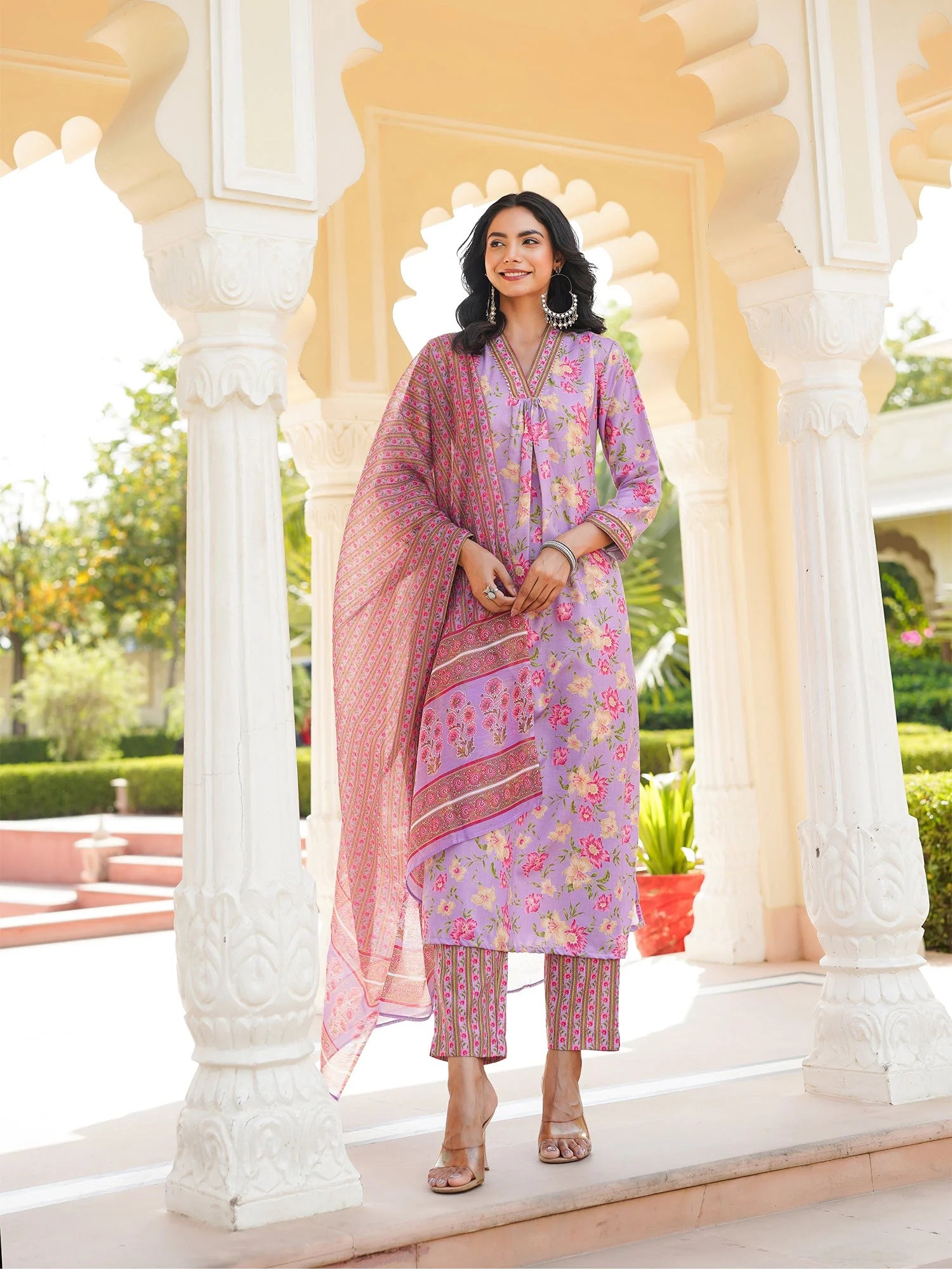 Women Purple Rayon Blend Floral Printed Straight Kurta Trousers With Dupatta