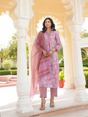 Women Purple Rayon Blend Floral Printed Straight Kurta Trousers With Dupatta-VKSKD2337