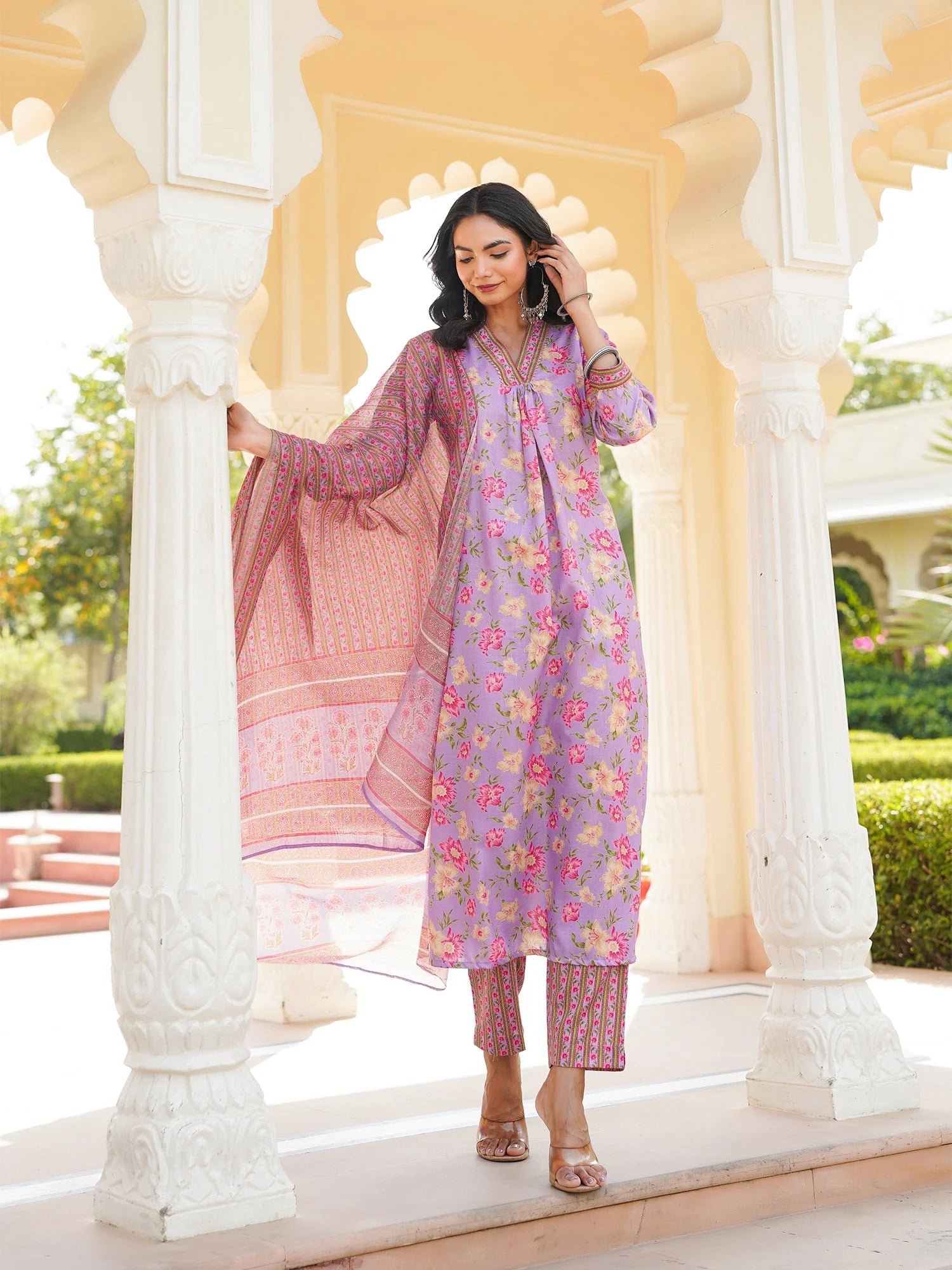Women Purple Rayon Blend Floral Printed Straight Kurta Trousers With Dupatta