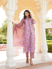 Women Purple Rayon Blend Floral Printed Straight Kurta Trousers With Dupatta-VKSKD2337