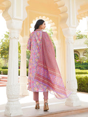 Women Purple Rayon Blend Floral Printed Straight Kurta Trousers With Dupatta-VKSKD2337