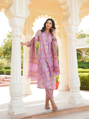 Women Purple Rayon Blend Floral Printed Straight Kurta Trousers With Dupatta-VKSKD2337