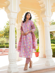 Women Purple Rayon Blend Floral Printed Straight Kurta Trousers With Dupatta-VKSKD2337