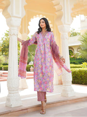 Women Purple Rayon Blend Floral Printed Straight Kurta Trousers With Dupatta-VKSKD2337