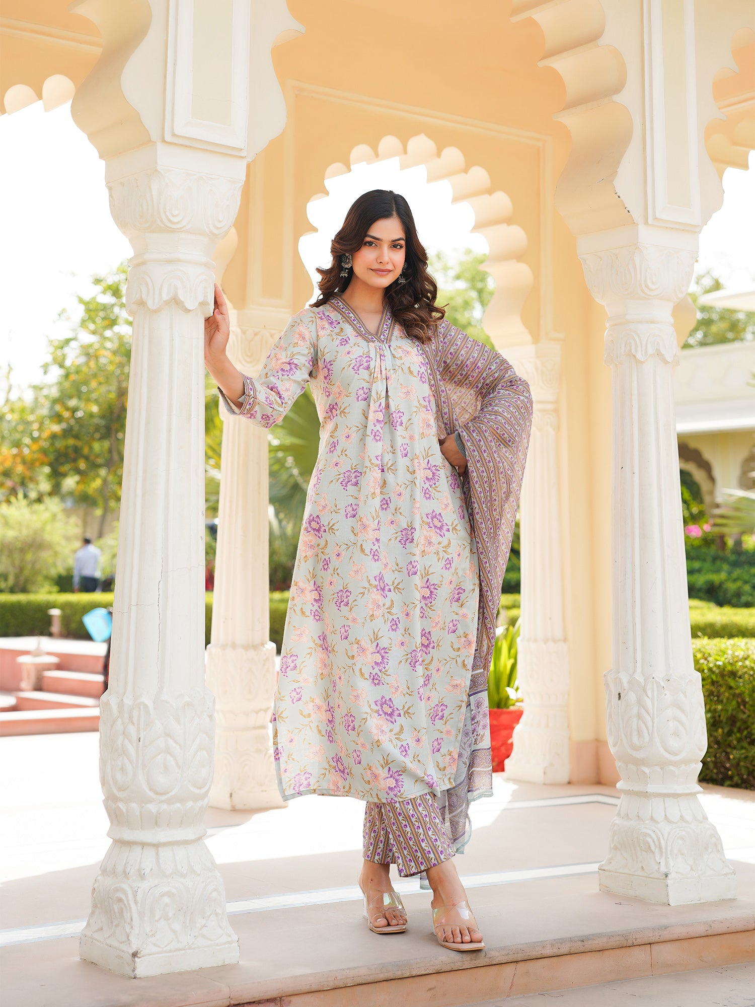 Women Green Rayon Blend Floral Printed Straight Kurta Trousers With Dupatta