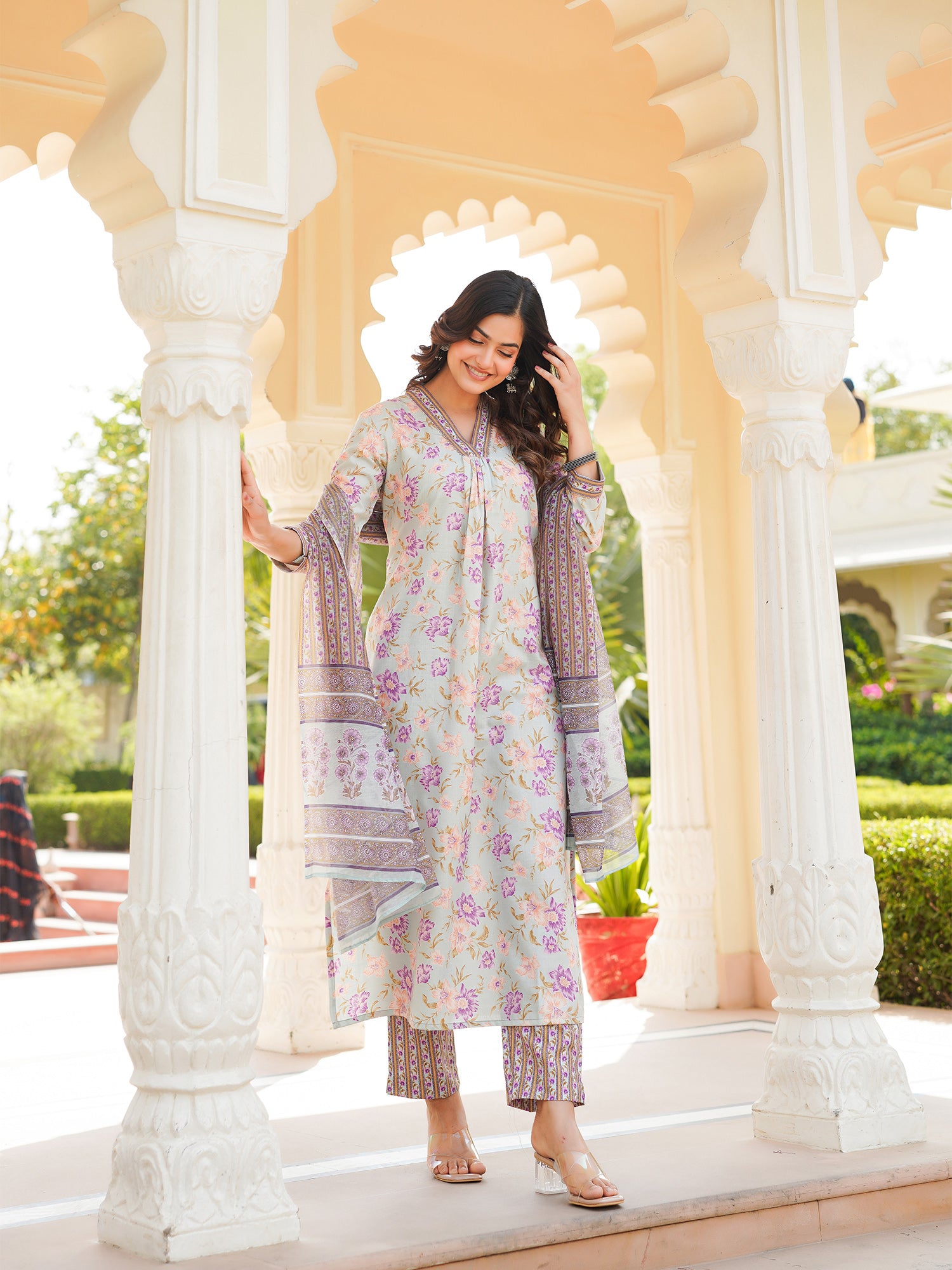 Women Green Rayon Blend Floral Printed Straight Kurta Trousers With Dupatta