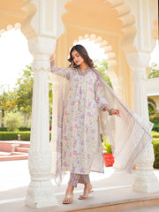 Women Green Rayon Blend Floral Printed Straight Kurta Trousers With Dupatta-VKSKD2338