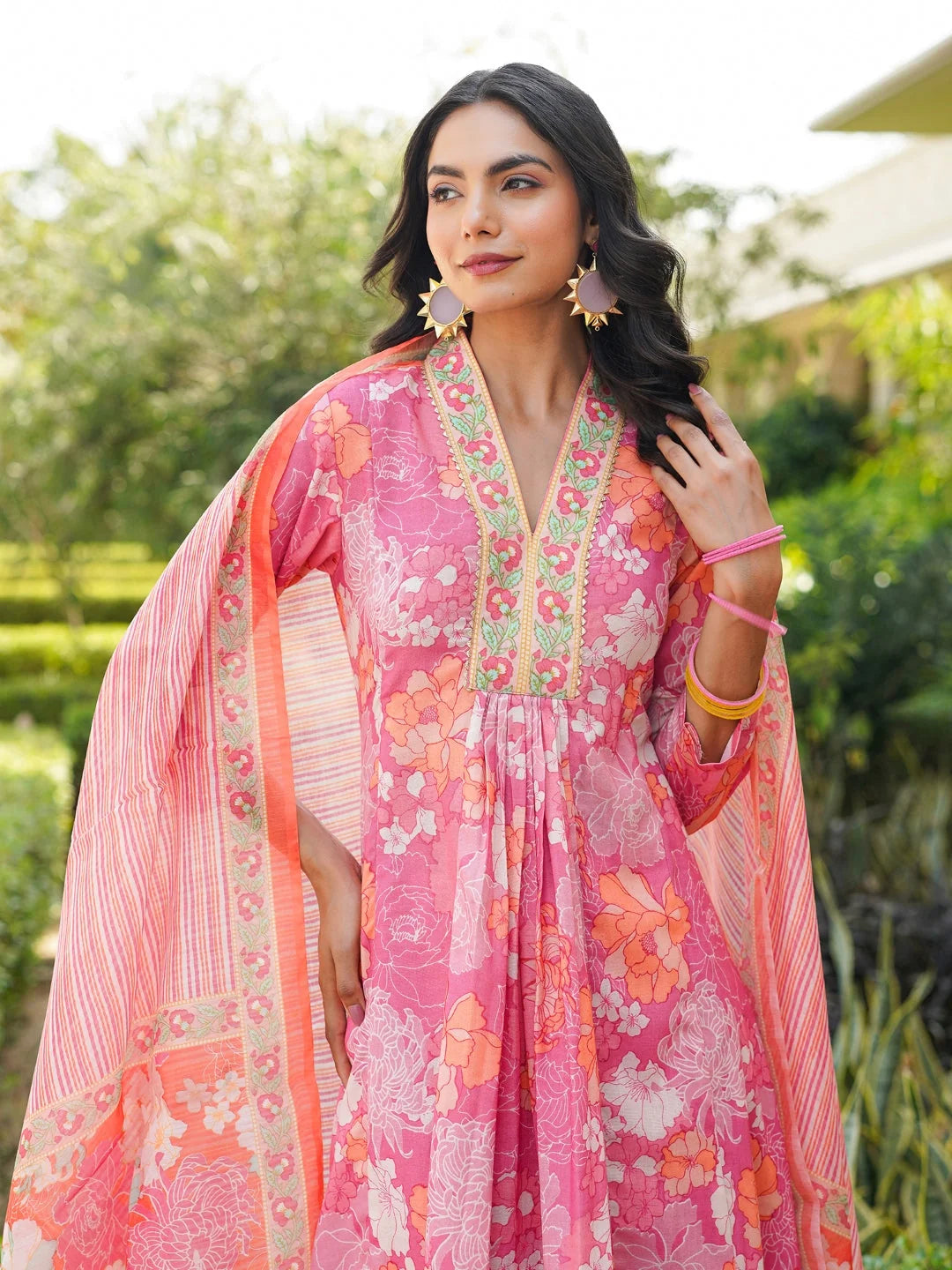Women Pink Rayon Blend Floral Printed A-Line Kurta Palazzo With Dupatta