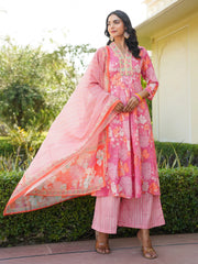 Women Pink Rayon Blend Floral Printed A-Line Kurta Palazzo With Dupatta-VKSKD2341