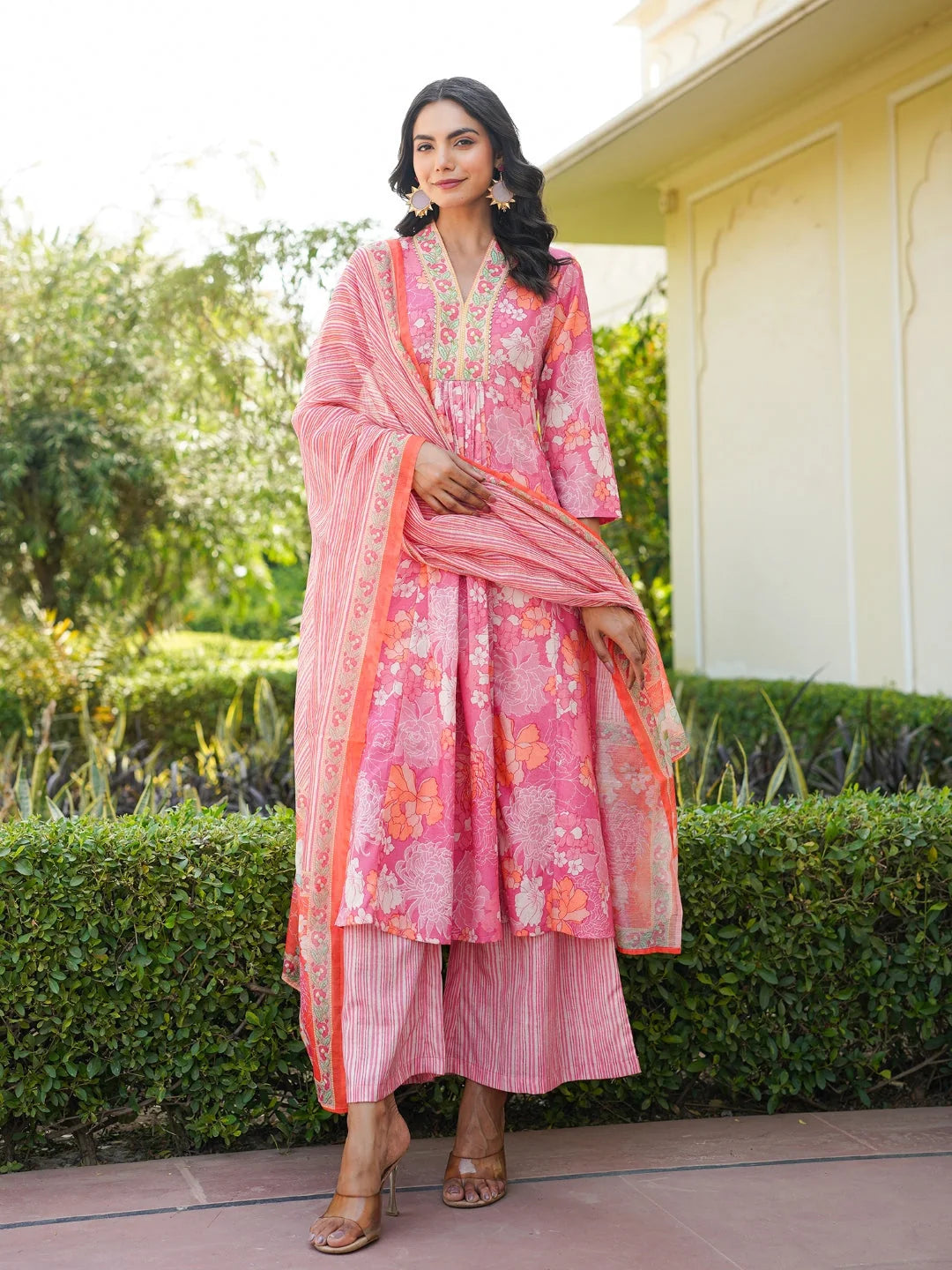 Women Pink Rayon Blend Floral Printed A-Line Kurta Palazzo With Dupatta