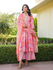 Women Pink Rayon Blend Floral Printed A-Line Kurta Palazzo With Dupatta-VKSKD2341