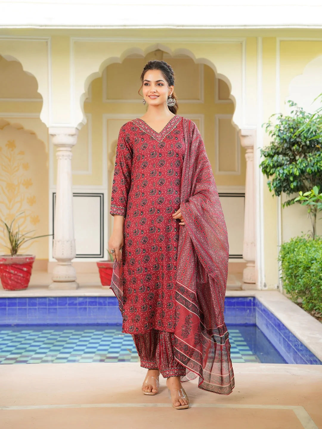 Women Red Rayon Blend Ethnic Motifs Printed Straight Kurta Salwar With Dupatta