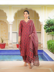 Women Red Rayon Blend Ethnic Motifs Printed Straight Kurta Salwar With Dupatta-VKSKD2342