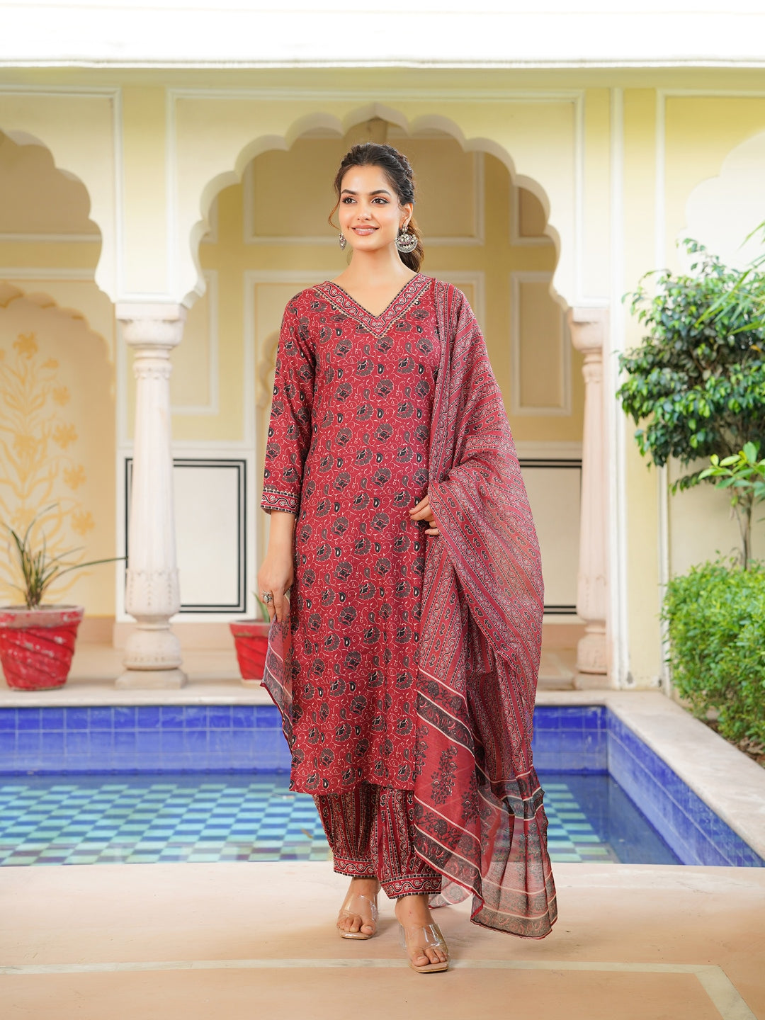 Women Red Rayon Blend Ethnic Motifs Printed Straight Kurta Salwar With Dupatta