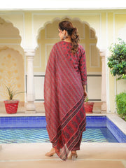 Women Red Rayon Blend Ethnic Motifs Printed Straight Kurta Salwar With Dupatta-VKSKD2342