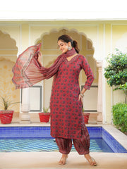 Women Red Rayon Blend Ethnic Motifs Printed Straight Kurta Salwar With Dupatta-VKSKD2342