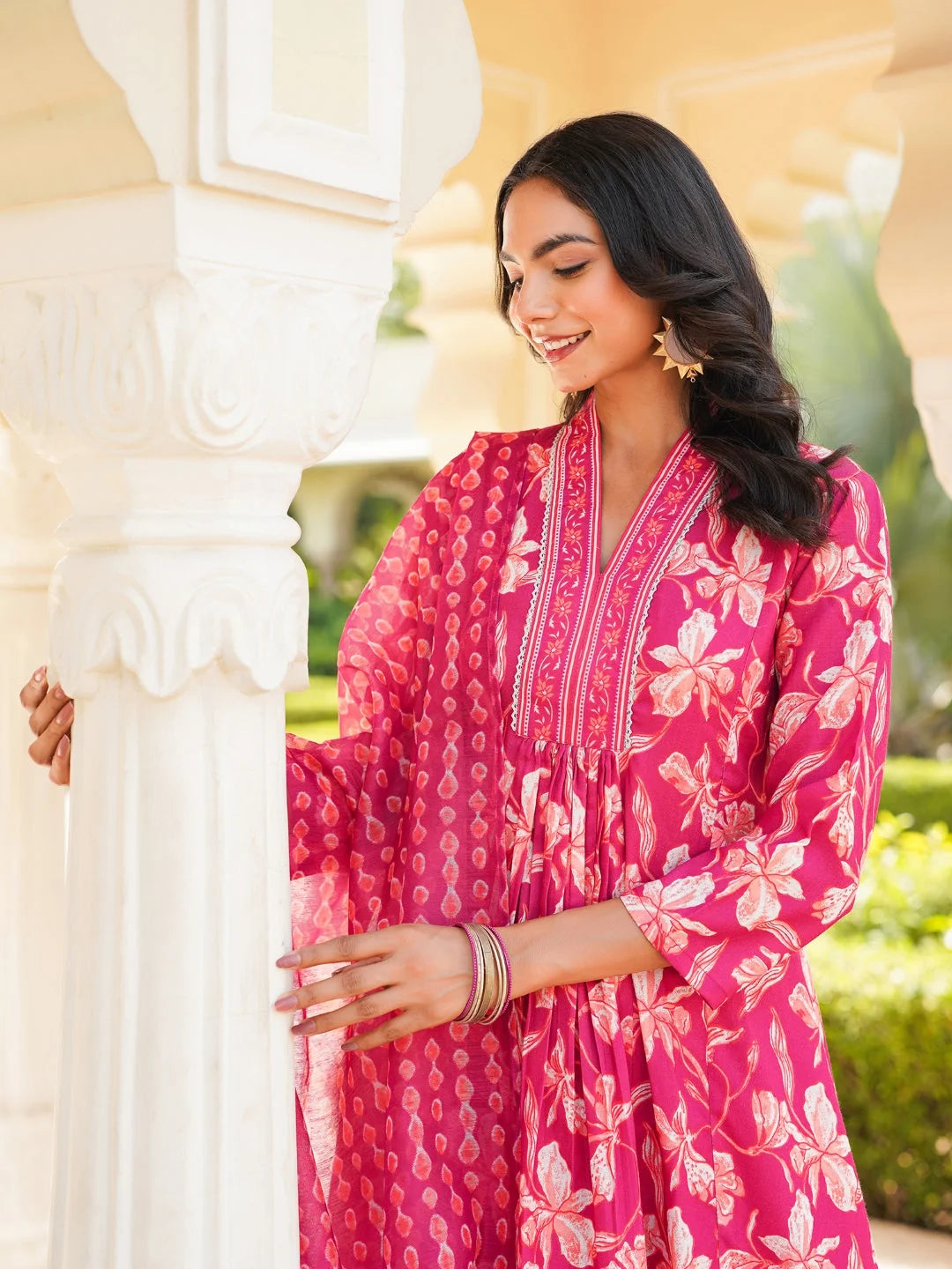 Women Pink Rayon Blend Floral Printed A-Line Kurta Palazzo With Dupatta