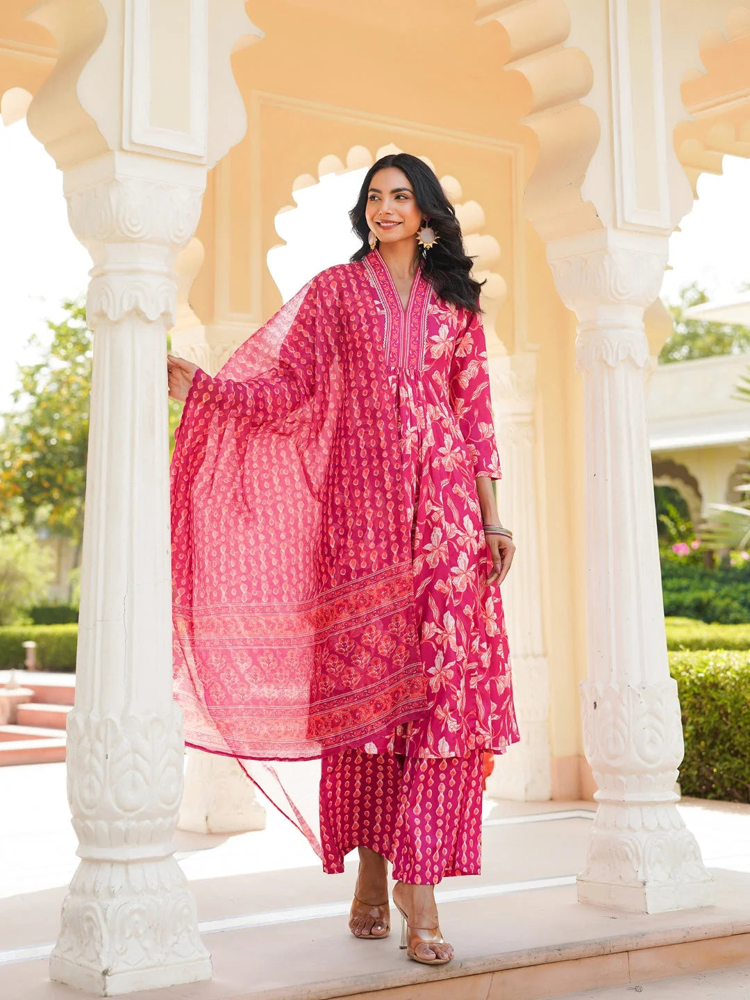 Women Pink Rayon Blend Floral Printed A-Line Kurta Palazzo With Dupatta