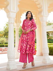 Women Pink Rayon Blend Floral Printed A-Line Kurta Palazzo With Dupatta-VKSKD2343