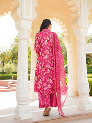 Women Pink Rayon Blend Floral Printed A-Line Kurta Palazzo With Dupatta-VKSKD2343