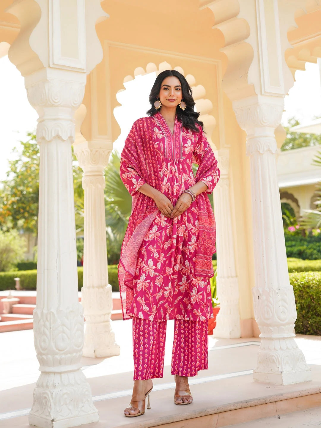 Women Pink Rayon Blend Floral Printed A-Line Kurta Palazzo With Dupatta