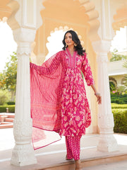 Women Pink Rayon Blend Floral Printed A-Line Kurta Palazzo With Dupatta-VKSKD2343