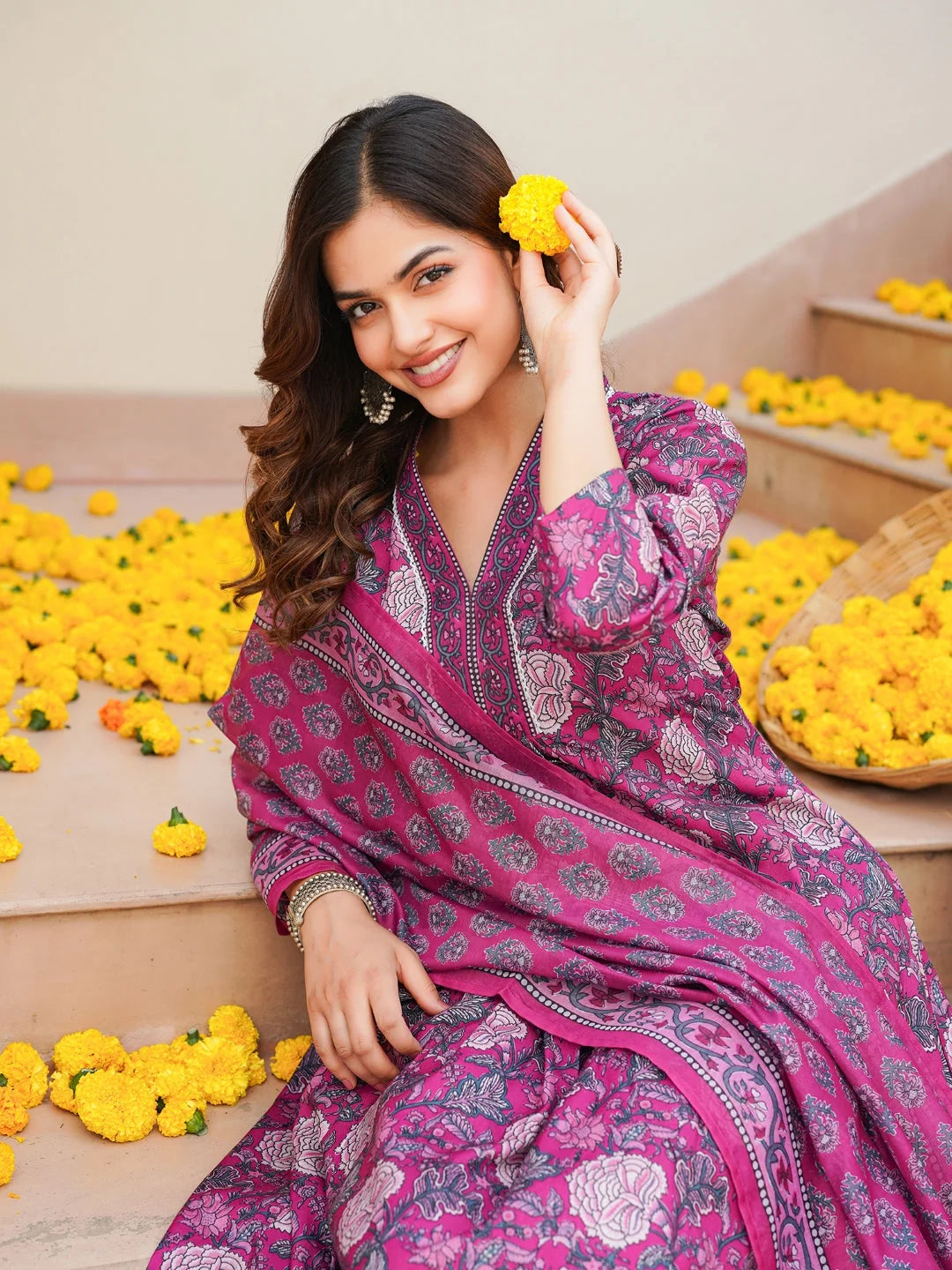 Women Pink Rayon Blend Floral Printed A-Line Kurta Palazzo With Dupatta