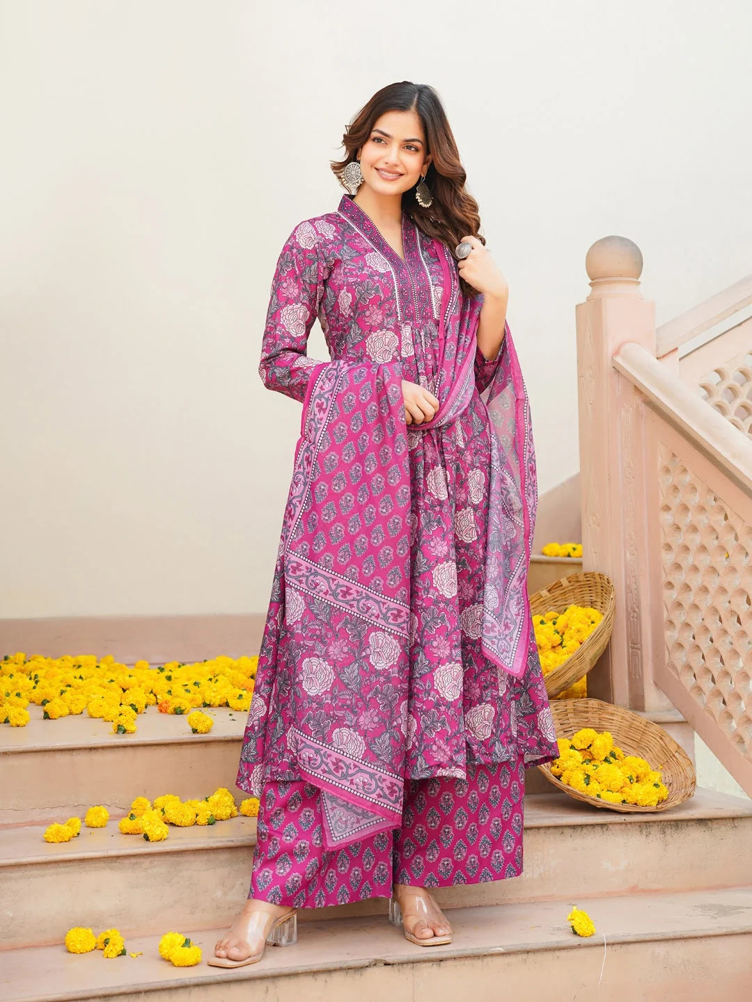 Women Pink Rayon Blend Floral Printed A-Line Kurta Palazzo With Dupatta