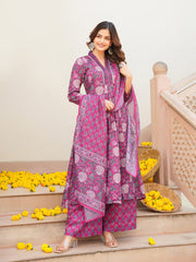 Women Pink Rayon Blend Floral Printed A-Line Kurta Palazzo With Dupatta-VKSKD2345