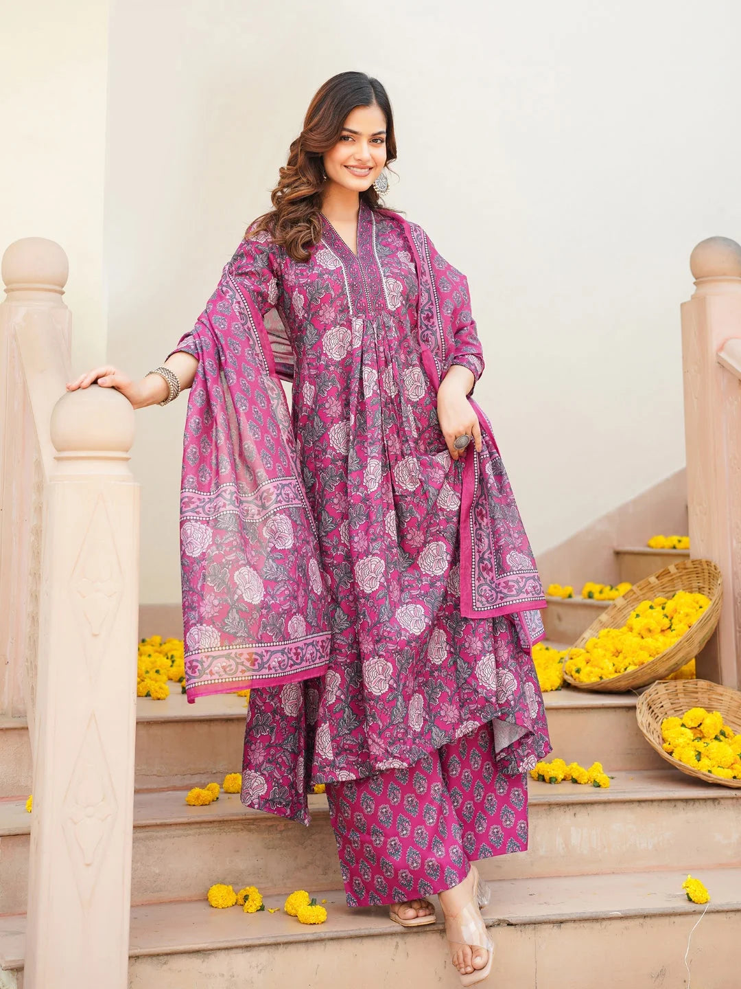 Women Pink Rayon Blend Floral Printed A-Line Kurta Palazzo With Dupatta