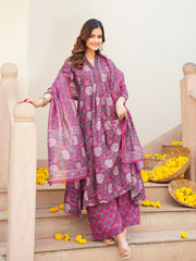 Women Pink Rayon Blend Floral Printed A-Line Kurta Palazzo With Dupatta-VKSKD2345