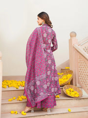 Women Pink Rayon Blend Floral Printed A-Line Kurta Palazzo With Dupatta-VKSKD2345