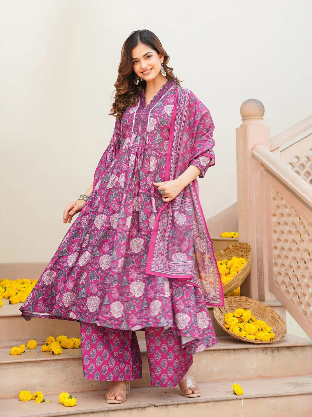 Women Pink Rayon Blend Floral Printed A-Line Kurta Palazzo With Dupatta