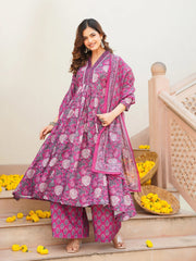 Women Pink Rayon Blend Floral Printed A-Line Kurta Palazzo With Dupatta-VKSKD2345