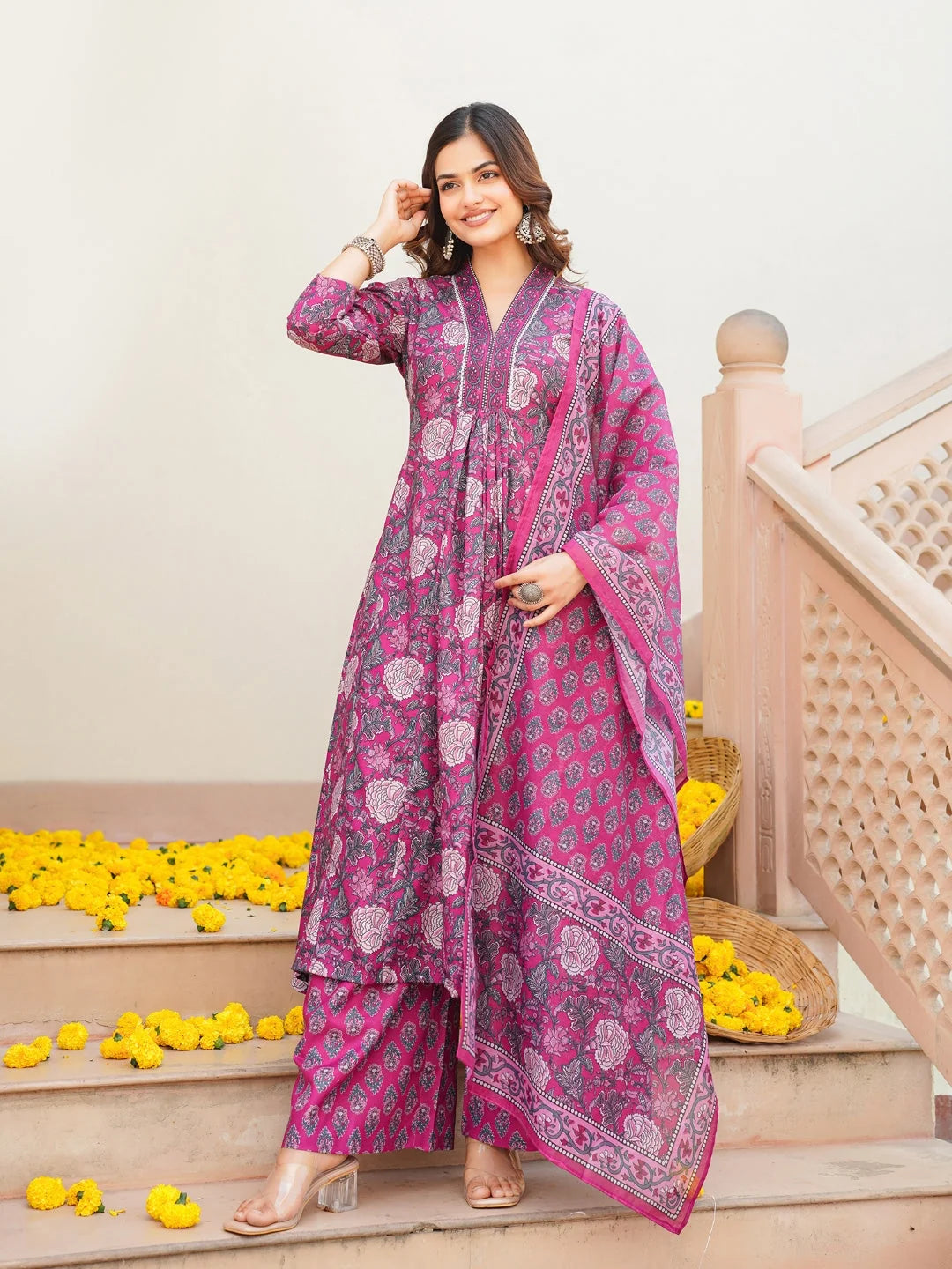 Women Pink Rayon Blend Floral Printed A-Line Kurta Palazzo With Dupatta