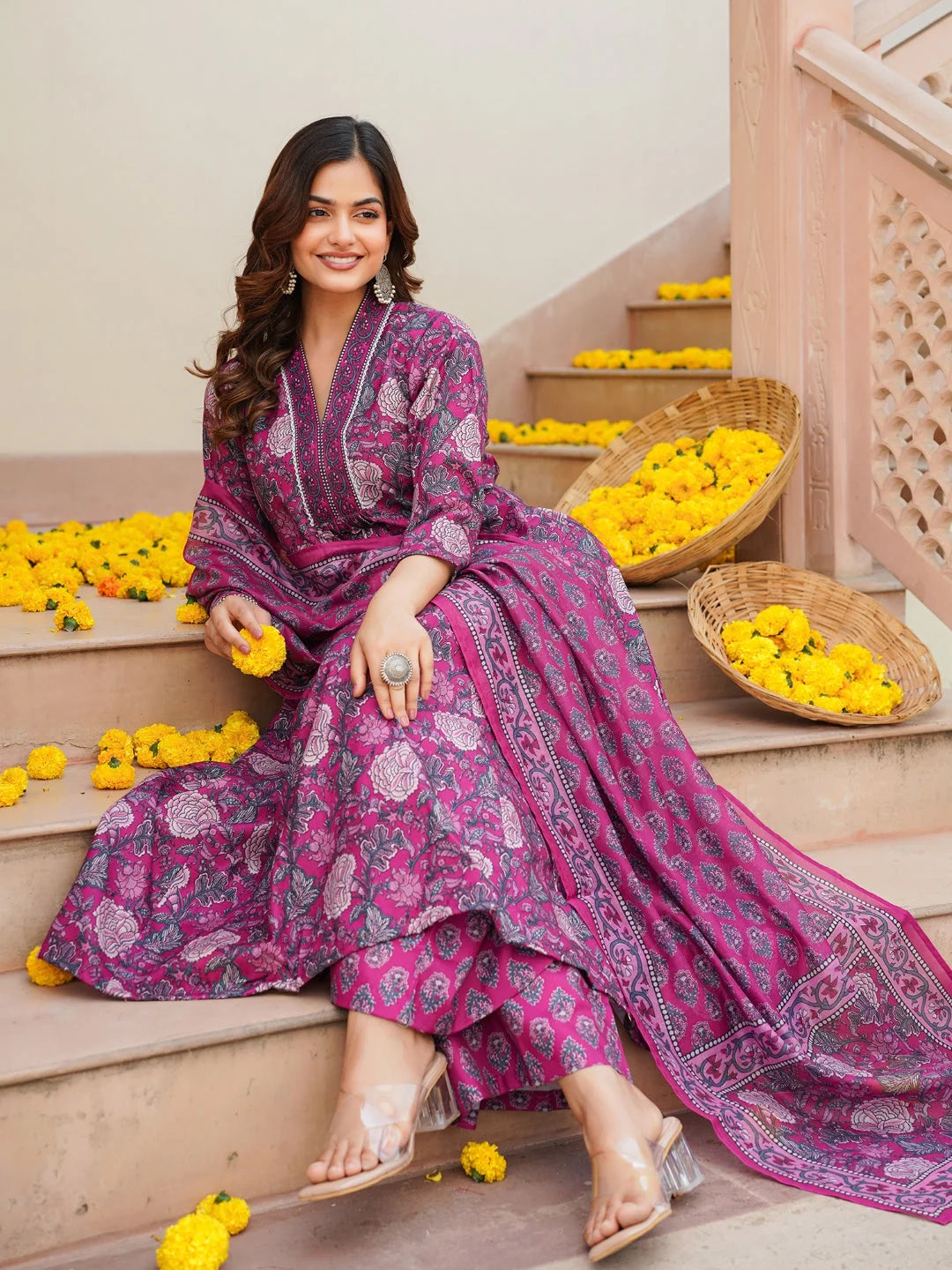 Women Pink Rayon Blend Floral Printed A-Line Kurta Palazzo With Dupatta