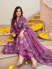 Women Pink Rayon Blend Floral Printed A-Line Kurta Palazzo With Dupatta-VKSKD2345