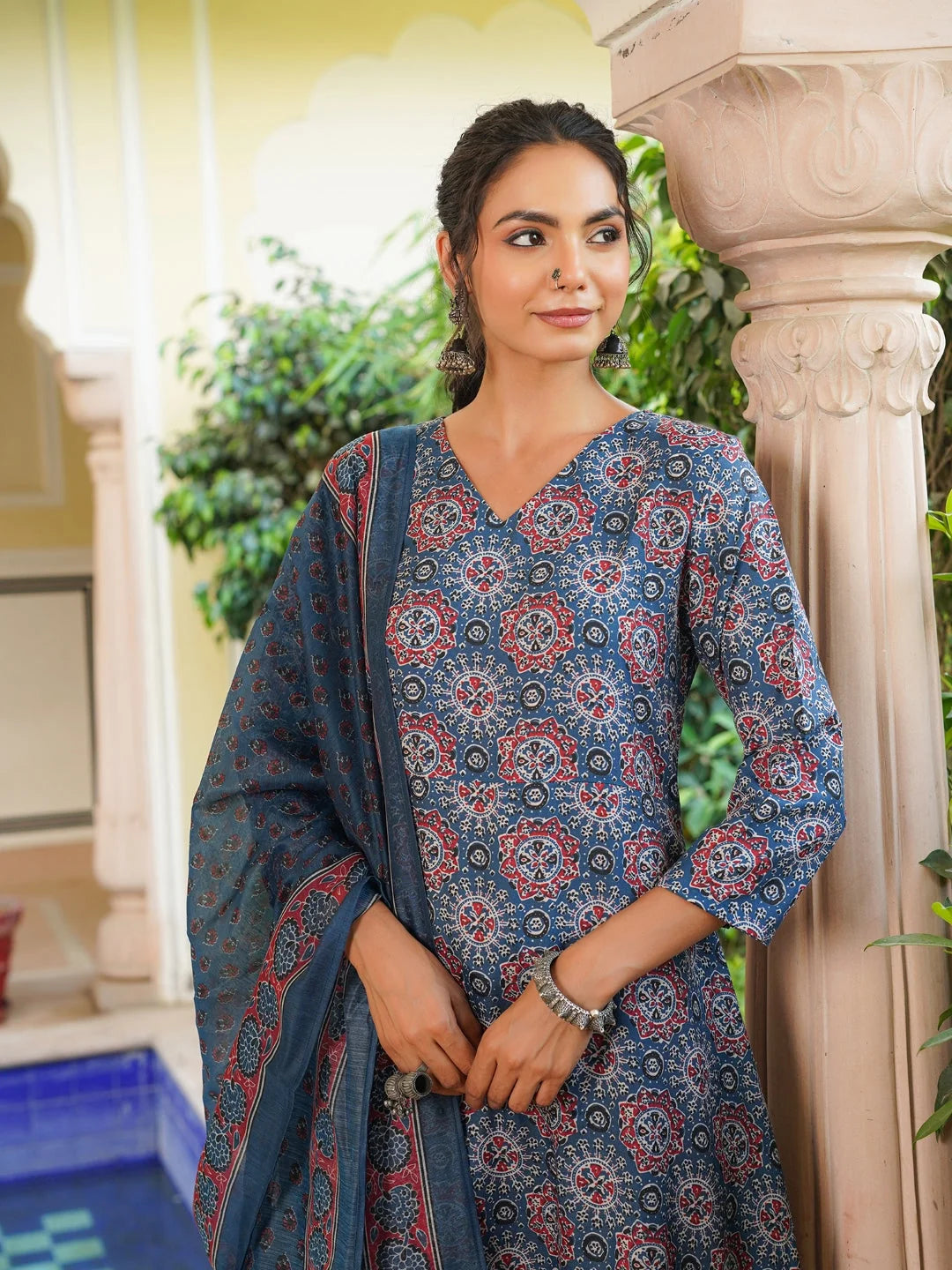 Women Blue Rayon Blend Ajrakh Printed A-Line Kurta Palazzo With Dupatta-VKSKD2346