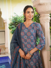 Women Blue Rayon Blend Ajrakh Printed A-Line Kurta Palazzo With Dupatta-VKSKD2346
