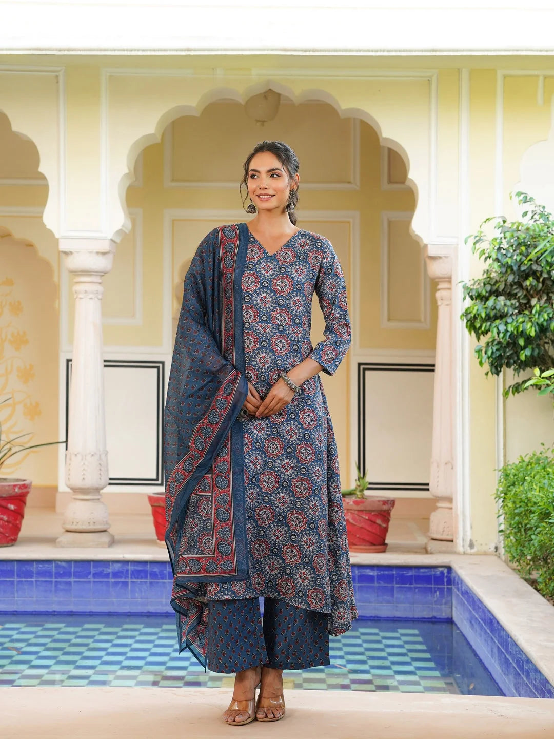Women Blue Rayon Blend Ajrakh Printed A-Line Kurta Palazzo With Dupatta