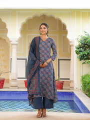 Women Blue Rayon Blend Ajrakh Printed A-Line Kurta Palazzo With Dupatta-VKSKD2346