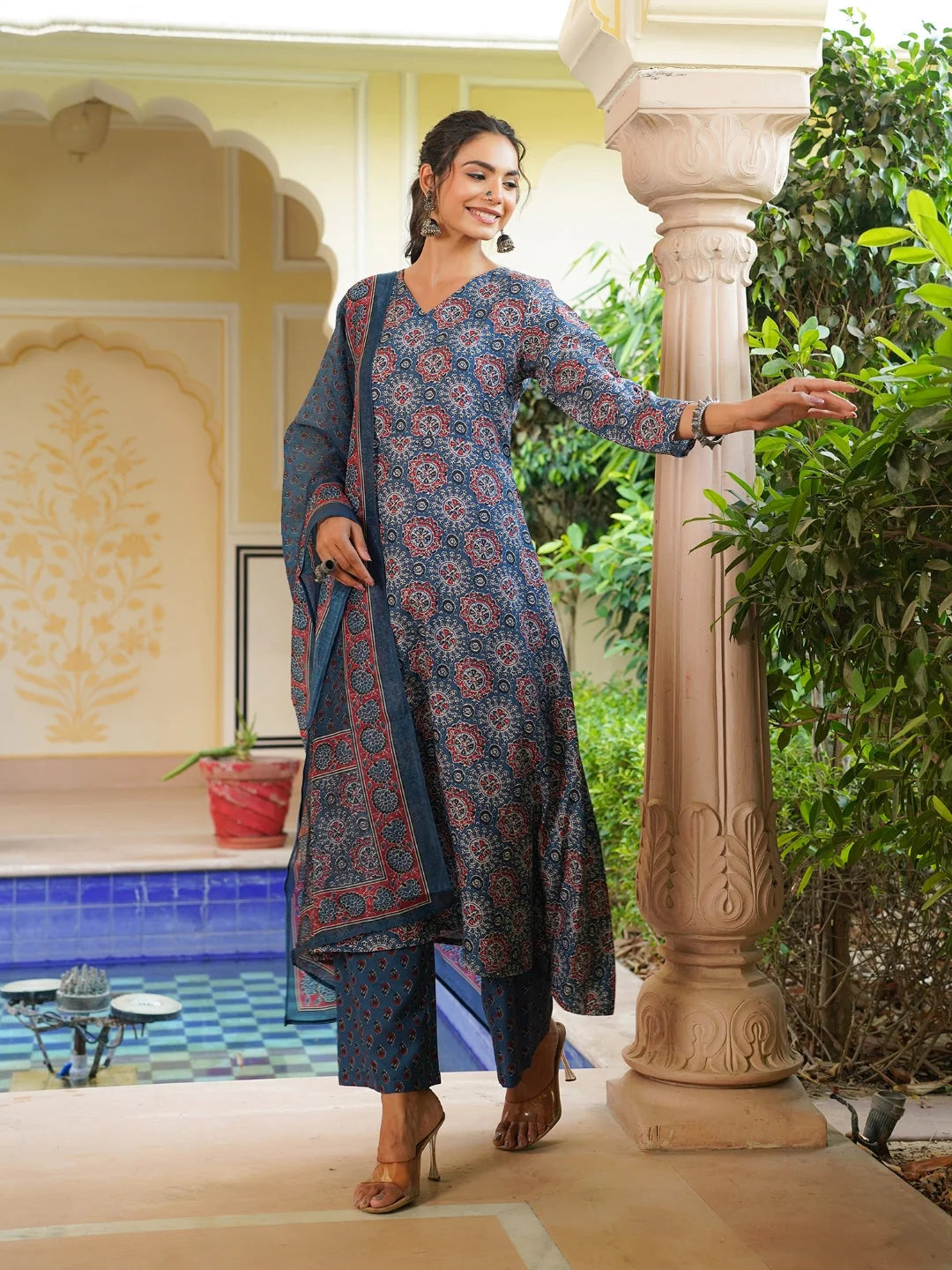 Women Blue Rayon Blend Ajrakh Printed A-Line Kurta Palazzo With Dupatta
