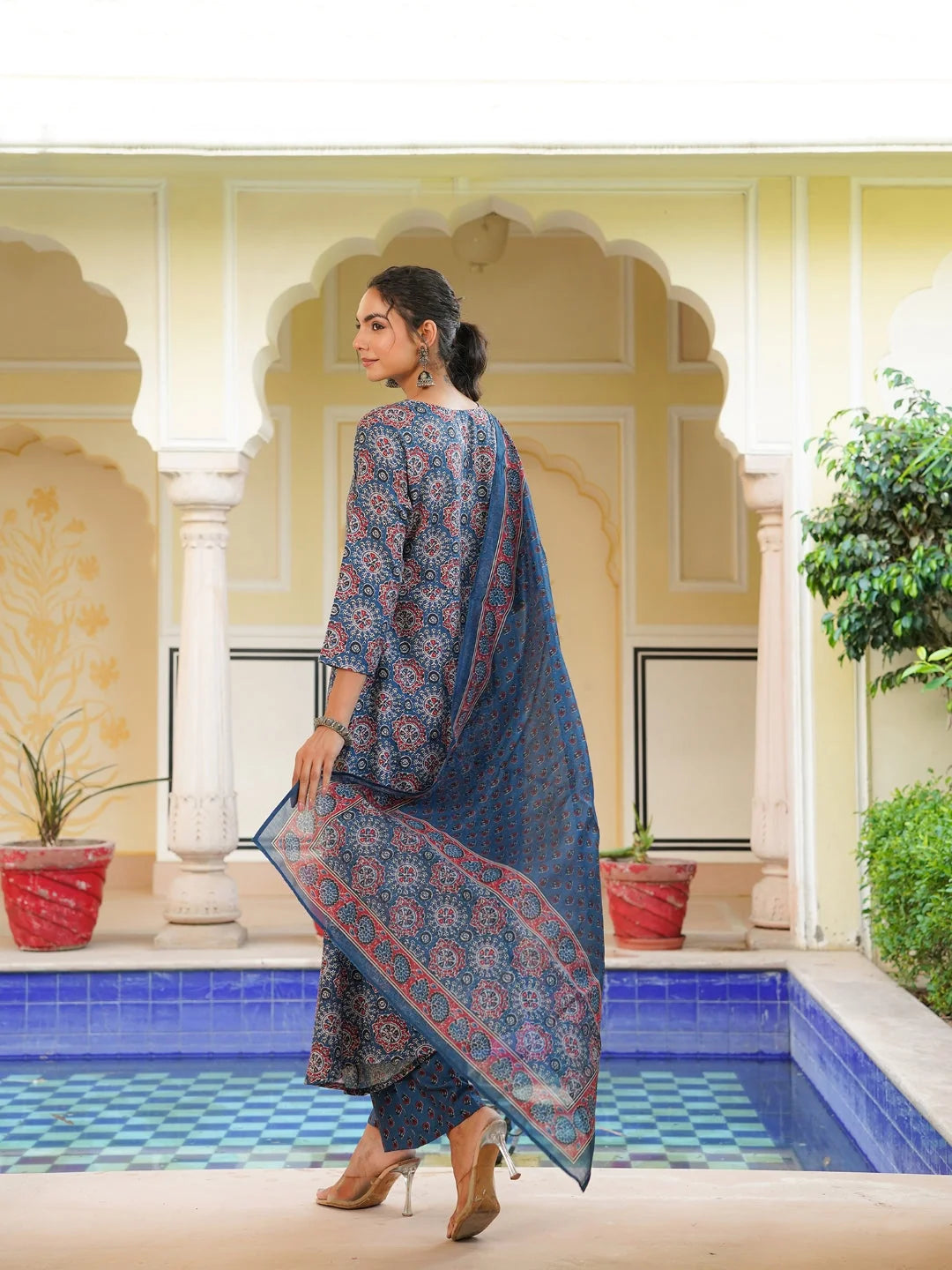 Women Blue Rayon Blend Ajrakh Printed A-Line Kurta Palazzo With Dupatta