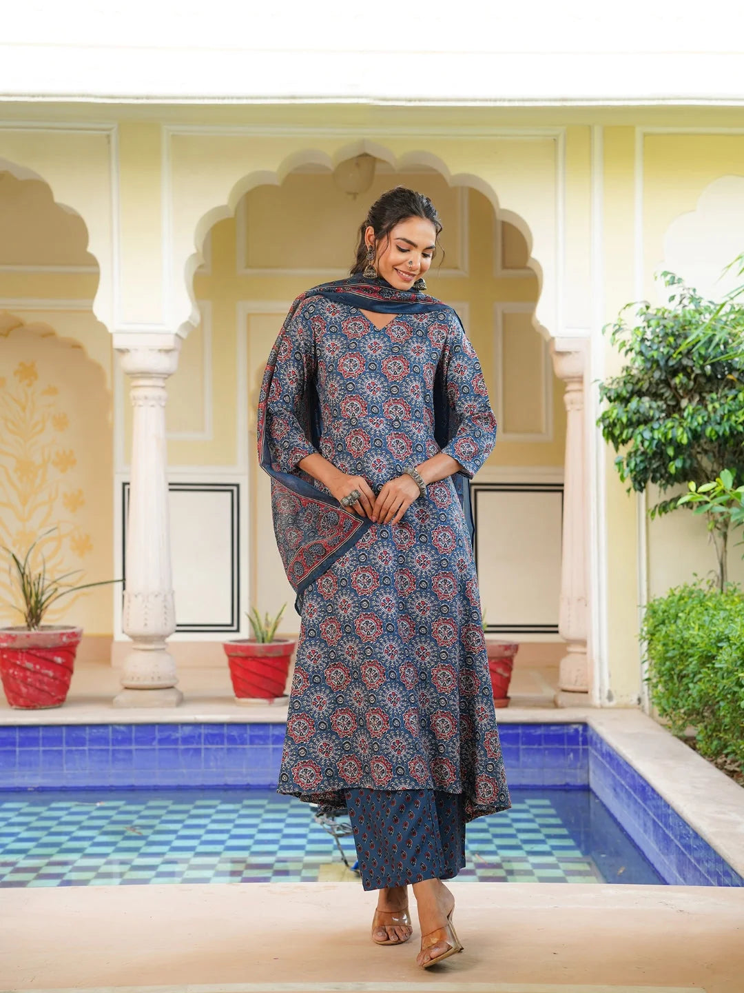 Women Blue Rayon Blend Ajrakh Printed A-Line Kurta Palazzo With Dupatta