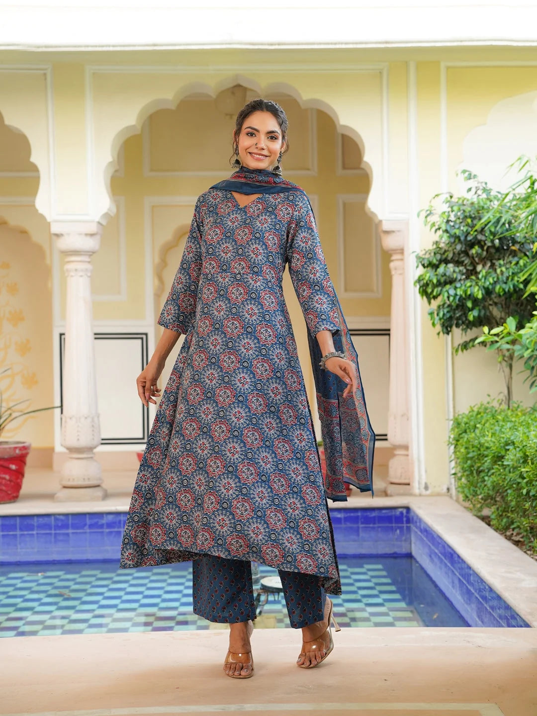 Women Blue Rayon Blend Ajrakh Printed A-Line Kurta Palazzo With Dupatta