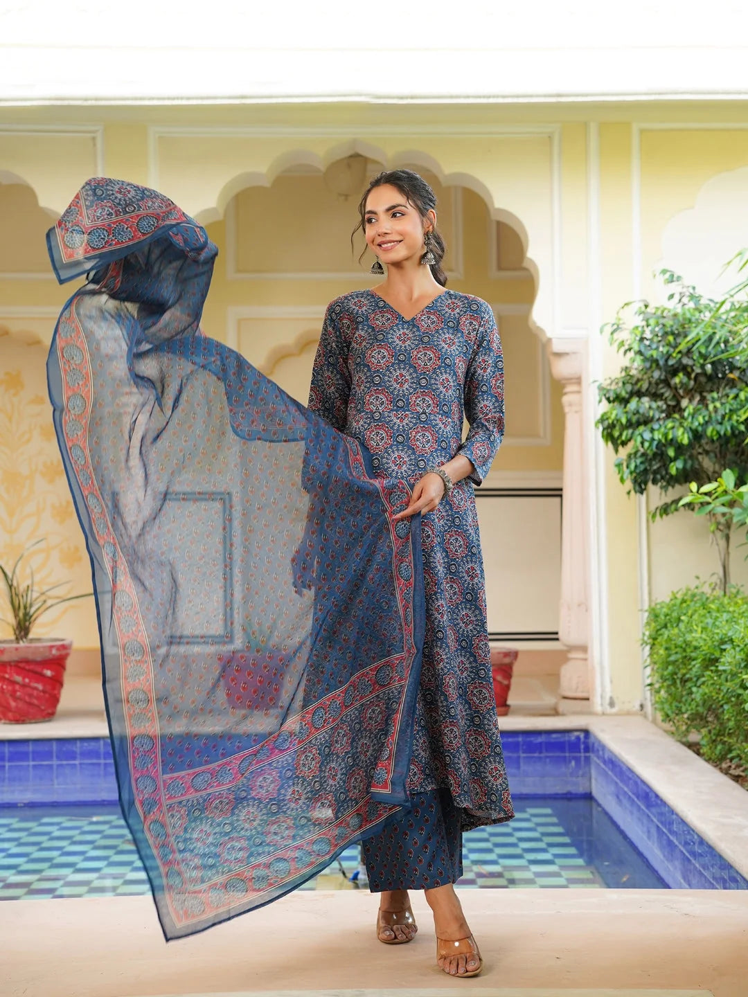 Women Blue Rayon Blend Ajrakh Printed A-Line Kurta Palazzo With Dupatta