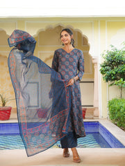 Women Blue Rayon Blend Ajrakh Printed A-Line Kurta Palazzo With Dupatta-VKSKD2346