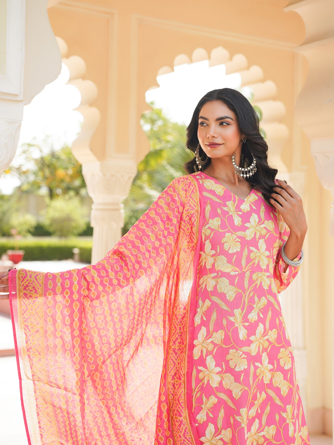 Women Pink Rayon Blend Floral Printed A-Line Kurta Palazzo With Dupatta-VKSKD2347